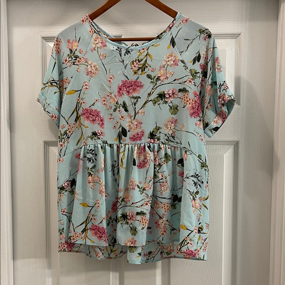 LARA Floral Print Blouse - Light Blue and Pink Medium